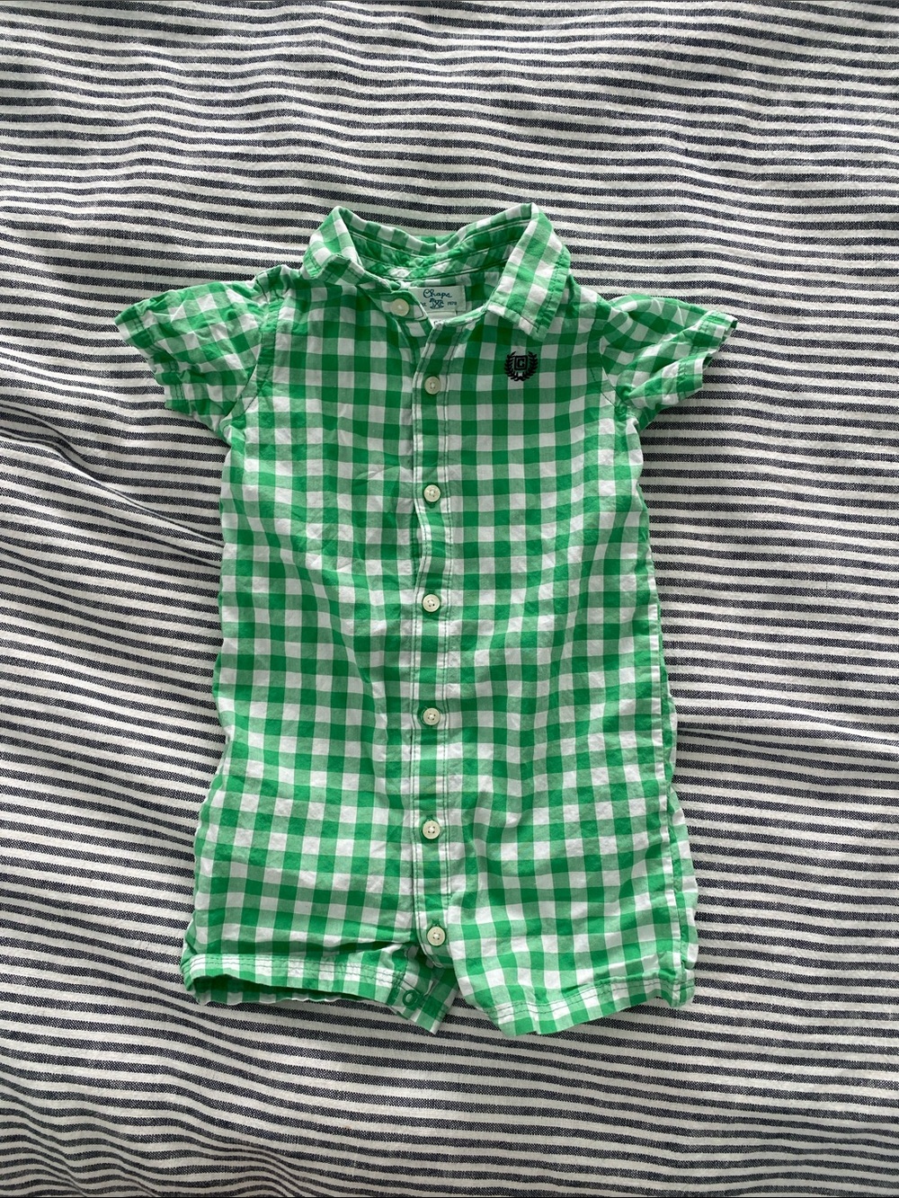 Chaps Green and White Gingham Button-Front Kids Romper